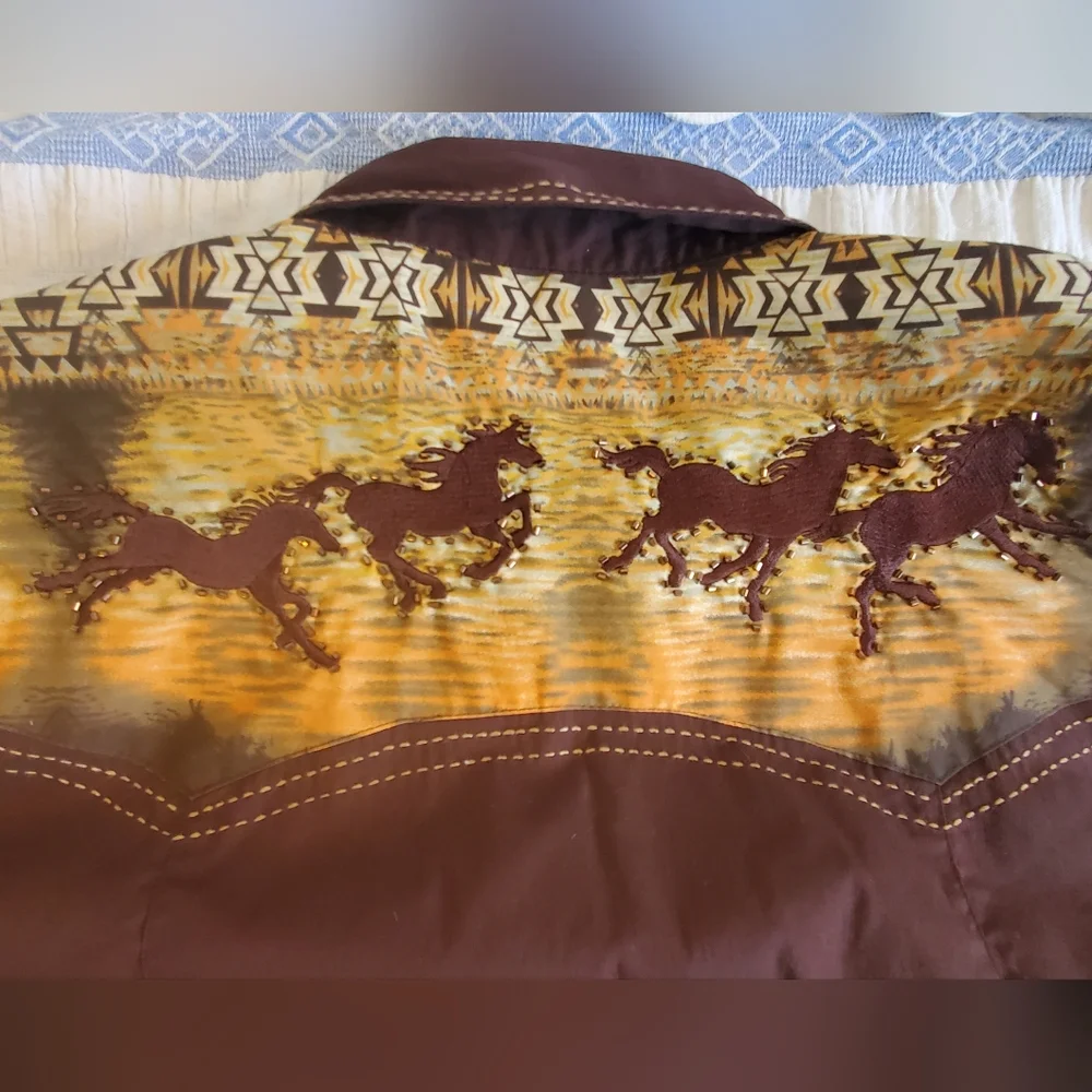 Vintage Brown Reba Beaded Western Rodeo Horses Button Down Long Sleeve Shirt Med - Picture 8 of 12